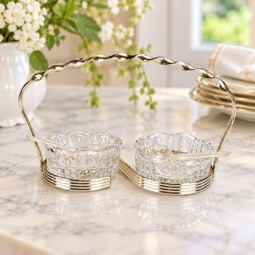 Vintage Double Open Salt Cellar Set Cut Glass Silver Tone Caddy 2 Spoons